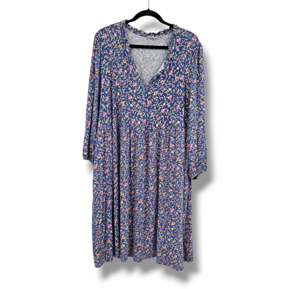 Wonderly Womens 4X Blue Floral Babydoll Dress Long Sleeve Ruffle Neck Plus Size